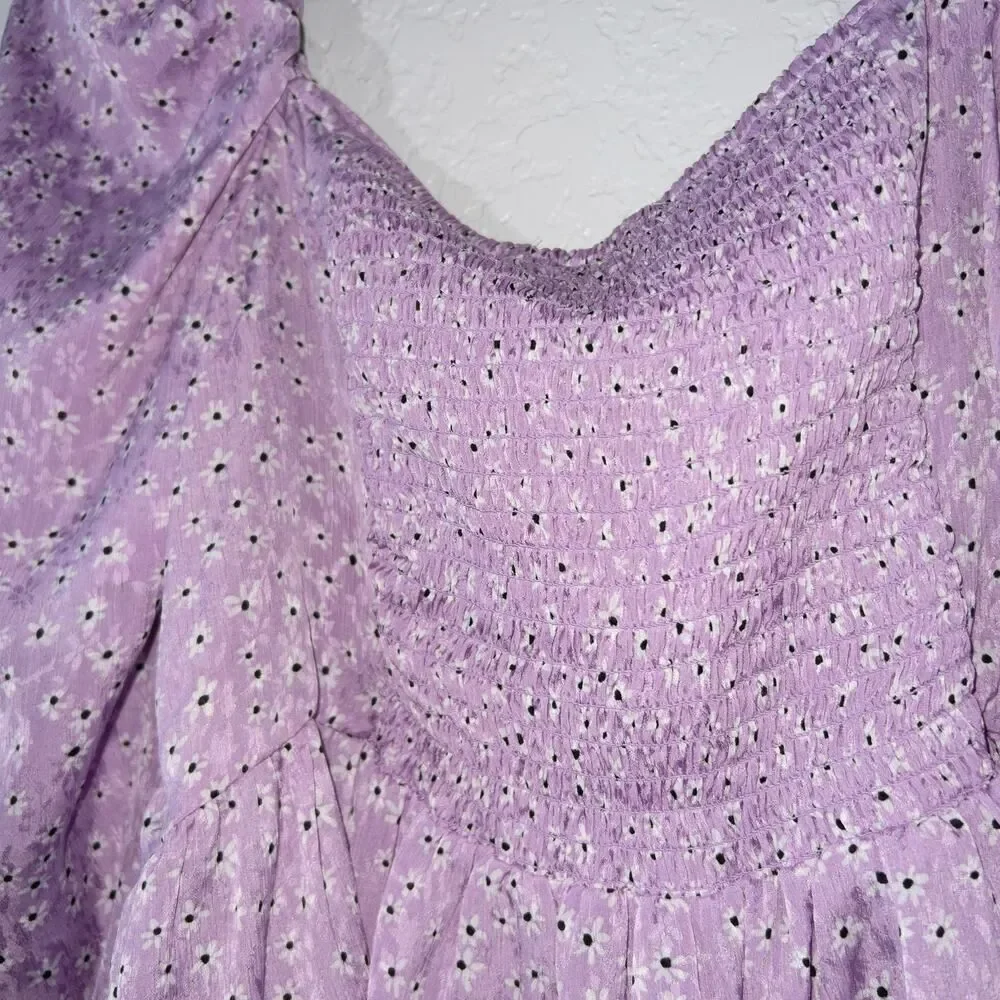 New Zara Purple Daisy Floral Long‎ Sleeve Crop Top Size Large